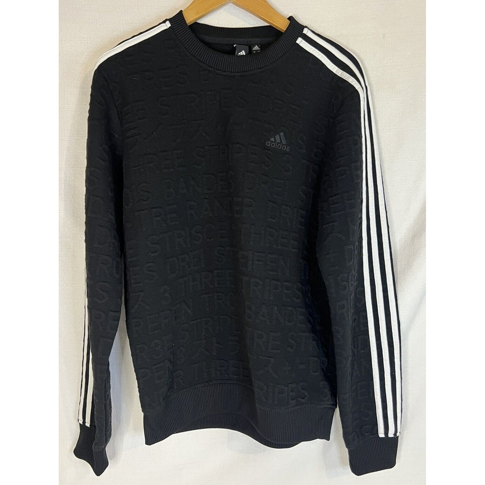 ADIDAS Mens Black Pullover Sweatshirt Typography Tonal All Over Print Size Small